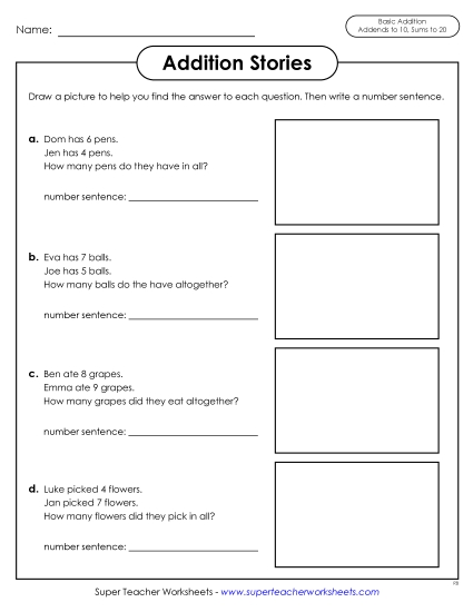 Addition Worksheets & Games - Addition Stories Word Problems w/ Sums to 20 (Printable PDF Worksheet)