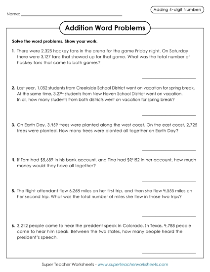 4-Digit Addition - Addition Word Problems:  4-Digit Addends (Printable PDF Worksheet)