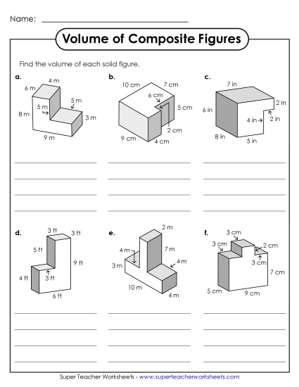 Basic: All Lengths Given Single, Whole Number Lengths - Additive Volume: Six Shapes (Basic) (Printable PDF Worksheet)
