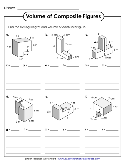 Intermediate: Some Missing Lengths Single, Whole Number Lengths - Additive Volume: Six Shapes (Intermediate) (Printable PDF Worksheet)