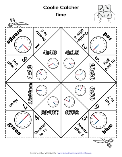 Quarter Hours - Advanced Time Cootie Catcher (Printable PDF Worksheet)