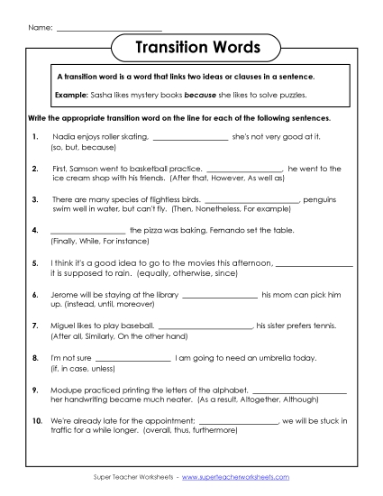 Transition Words (Mixed) - Advanced Transition Words (Printable PDF Worksheet)