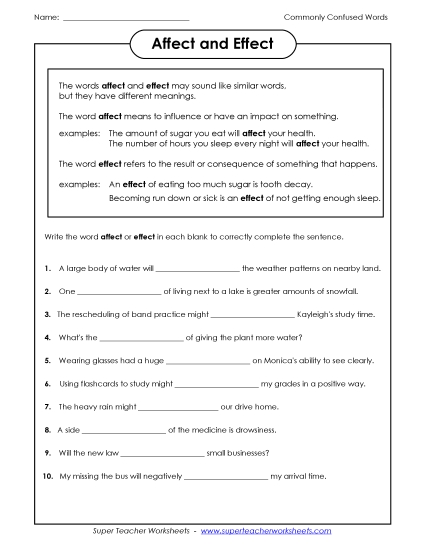 Affect and Effect (Printable PDF Worksheet)