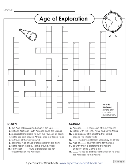 Puzzle - Age of Exploration Crossword  (Printable PDF Worksheet)