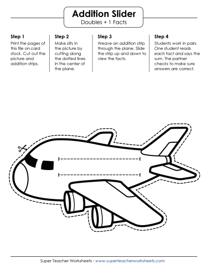 Flashcards and Sliders - Airplane Math Slider: Addition Doubles +1 Facts (Printable PDF Worksheet)