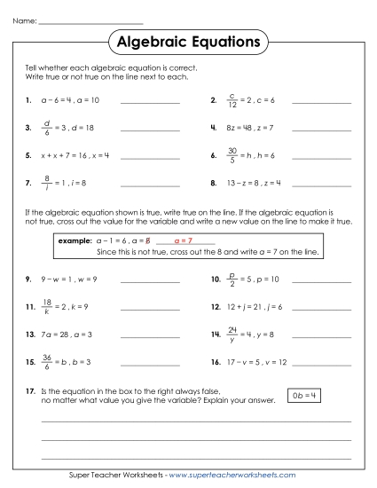 Addition, Subtraction, Multiplication & Division - Algebraic Equations: True or Not True? (Printable PDF Worksheet)