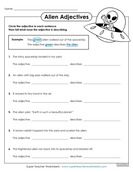 Basic Adjectives - Alien Adjectives (Printable PDF Worksheet)