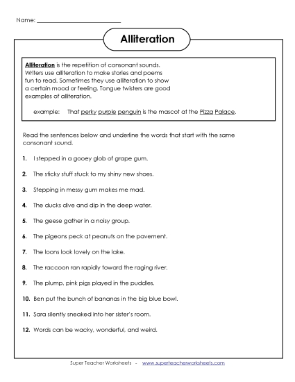 Alliteration - Alliteration (Printable PDF Worksheet)