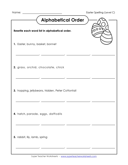 Alphabetical Order - Alphabetical Order (C-Easter)  (Printable PDF Worksheet)