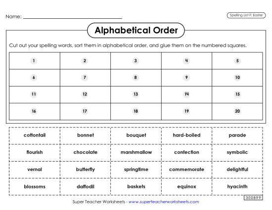 Alphabetical Order - Alphabetical Order: Cut-Glue (Easter)  (Printable PDF Worksheet)