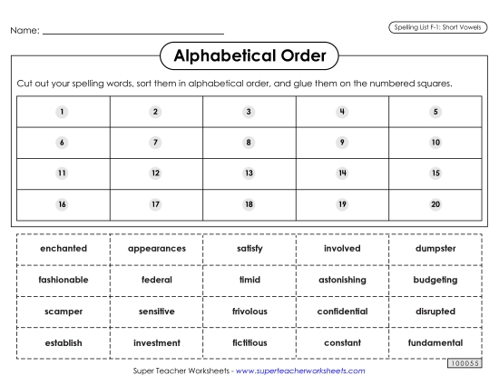 Alphabetical Order - Alphabetical Order: Cut-Glue (F-1)  (Printable PDF Worksheet)