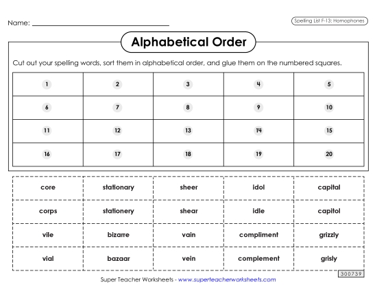 Alphabetical Order - Alphabetical Order: Cut-Glue (F-13) (Printable PDF Worksheet)