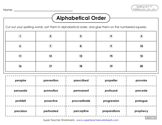 Alphabetical Order - Alphabetical Order: Cut-Glue (F-17) (Printable PDF Worksheet)