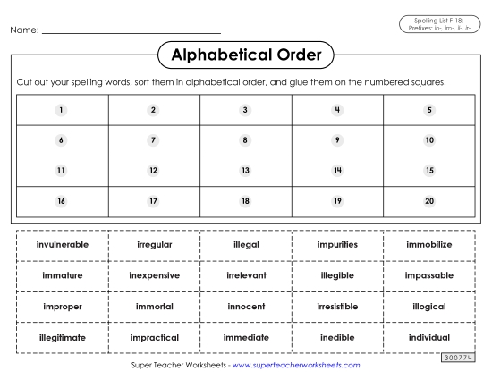 Alphabetical Order - Alphabetical Order: Cut-Glue (F-18) (Printable PDF Worksheet)