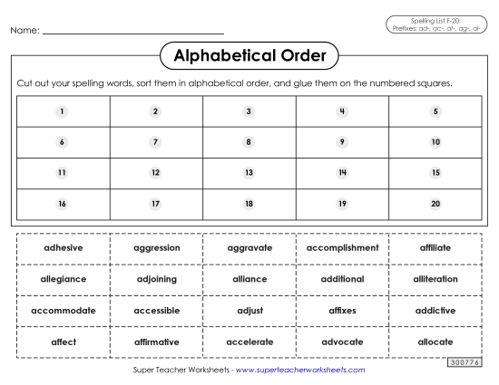 Alphabetical Order - Alphabetical Order: Cut-Glue (F-20) (Printable PDF Worksheet)