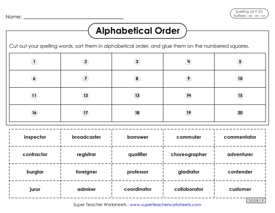 Alphabetical Order - Alphabetical Order: Cut-Glue (F-23) (Printable PDF Worksheet)