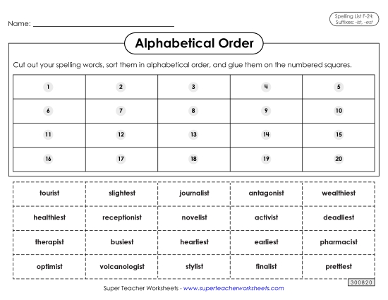 Alphabetical Order - Alphabetical Order: Cut-Glue (F-24)  (Printable PDF Worksheet)