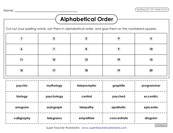 Alphabetical Order - Alphabetical Order: Cut-Glue (F-29) (Printable PDF Worksheet)