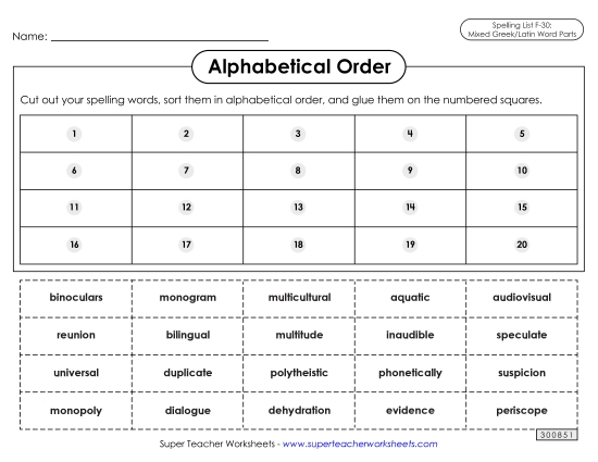Alphabetical Order - Alphabetical Order: Cut-Glue (F-30) (Printable PDF Worksheet)
