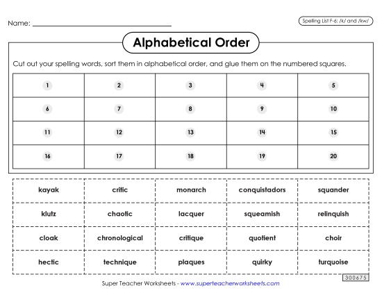 Alphabetical Order - Alphabetical Order: Cut-Glue (F-6) (Printable PDF Worksheet)