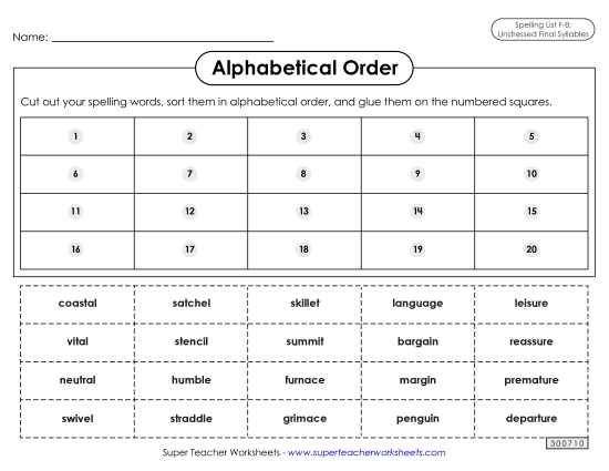 Alphabetical Order - Alphabetical Order: Cut-Glue (F-8) (Printable PDF Worksheet)