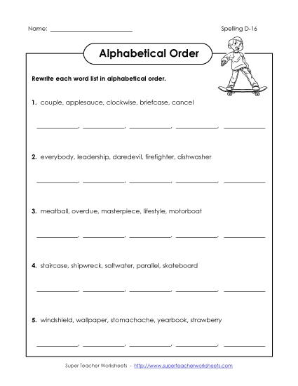 Alphabetical Order - Alphabetical Order (D-16) (Printable PDF Worksheet)