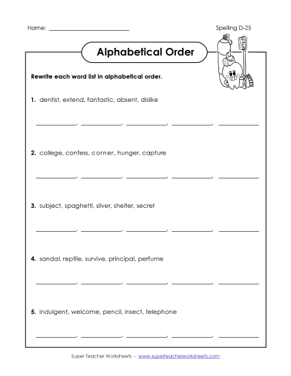 Alphabetical Order - Alphabetical Order (D-25) (Printable PDF Worksheet)