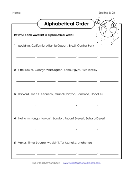 Alphabetical Order - Alphabetical Order (D-28) (Printable PDF Worksheet)