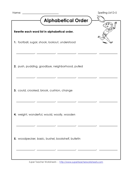 ABC Order - Alphabetical Order (D-5) (Printable PDF Worksheet)