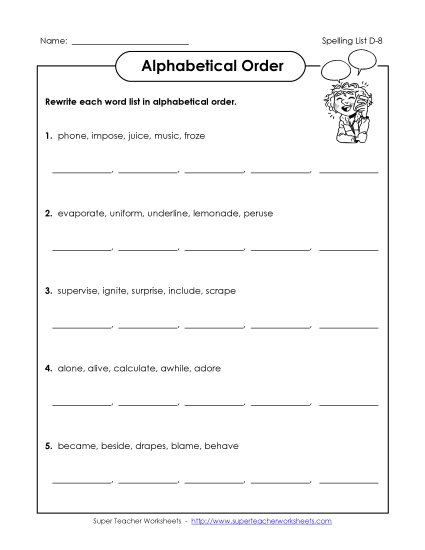 Alphabetical Order - Alphabetical Order (D-8) (Printable PDF Worksheet)
