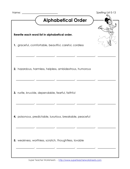 Alphabetical Order - Alphabetical Order (E-13) (Printable PDF Worksheet)