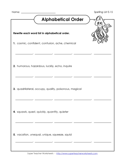 Alphabetical Order - Alphabetical Order (E-15) (Printable PDF Worksheet)