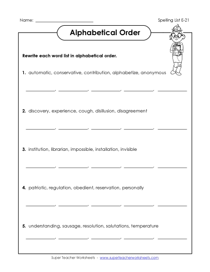 Alphabetical Order - Alphabetical Order (E-21) (Printable PDF Worksheet)