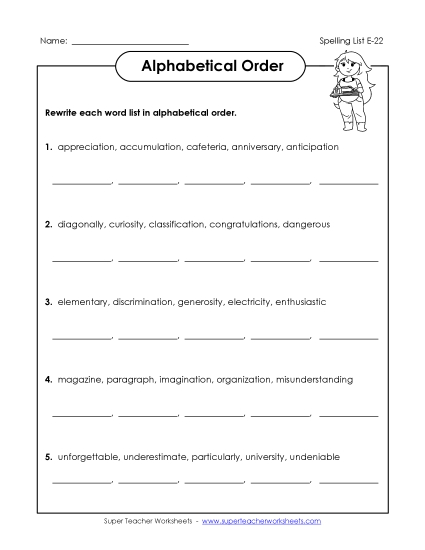 Alphabetical Order - Alphabetical Order (E-22) (Printable PDF Worksheet)