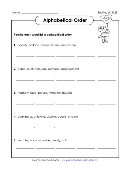 Alphabetical Order - Alphabetical Order (E-23) (Printable PDF Worksheet)