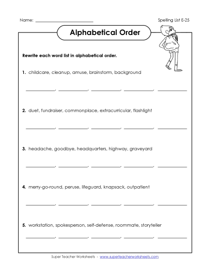 Alphabetical Order - Alphabetical Order (E-25) (Printable PDF Worksheet)