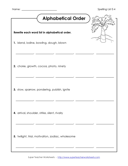 Alphabetical Order - Alphabetical Order (E-4) (Printable PDF Worksheet)