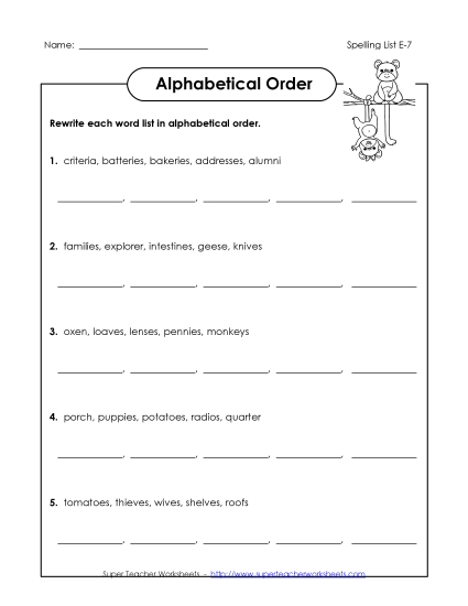 Alphabetical Order - Alphabetical Order (E-7) (Printable PDF Worksheet)
