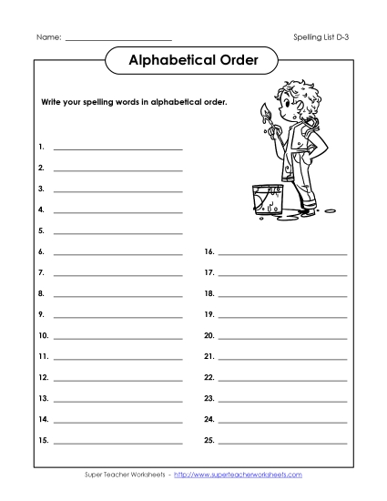 Alphabetical Order - Alphabetical Order - Full List (D-3) (Printable PDF Worksheet)