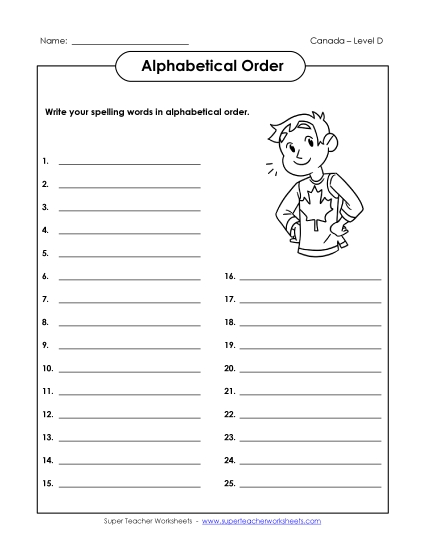 ABC Order - Alphabetical Order List (D-Canada Words)  (Printable PDF Worksheet)