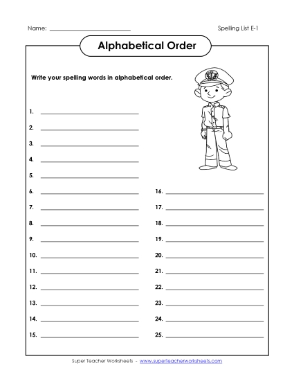 Alphabetical Order - Alphabetical Order: Whole List (E-1) (Printable PDF Worksheet)