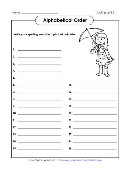 Alphabetical Order - Alphabetical Order: Whole List (E-2) (Printable PDF Worksheet)