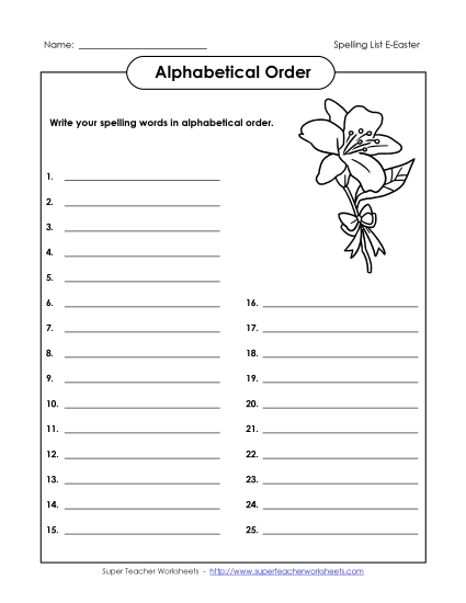 Alphabetical Order - Alphabetical Order: Whole List (Easter) (Printable PDF Worksheet)