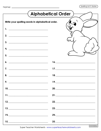 Alphabetical Order - Alphabetical Order: Whole List (Easter)  (Printable PDF Worksheet)
