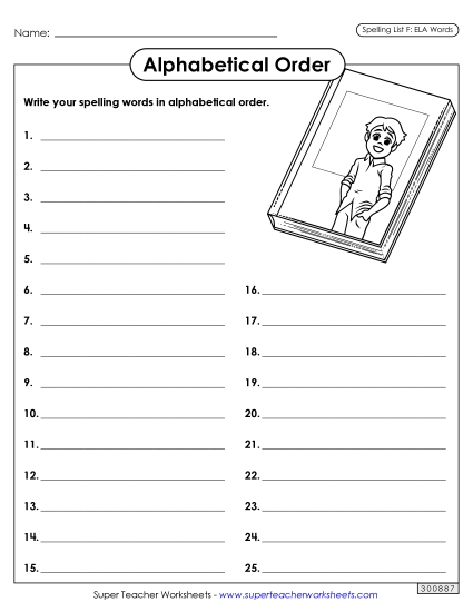 Alphabetical Order - Alphabetical Order: Whole List (ELA) (Printable PDF Worksheet)