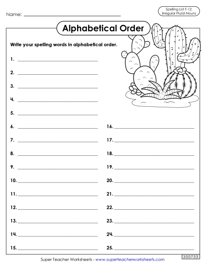 Alphabetical Order - Alphabetical Order: Whole List (F-12) (Printable PDF Worksheet)