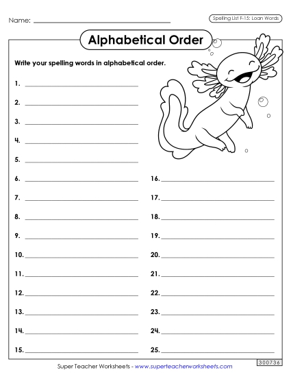Alphabetical Order - Alphabetical Order: Whole List (F-15) (Printable PDF Worksheet)