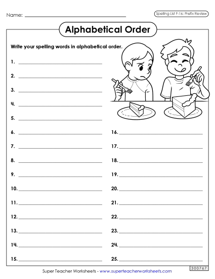 Alphabetical Order - Alphabetical Order: Whole List (F-16) (Printable PDF Worksheet)