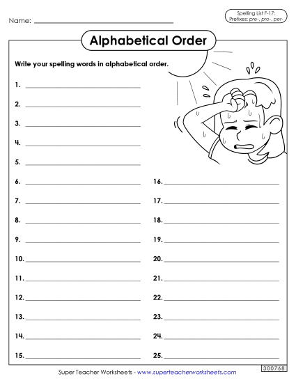 Alphabetical Order - Alphabetical Order: Whole List (F-17) (Printable PDF Worksheet)