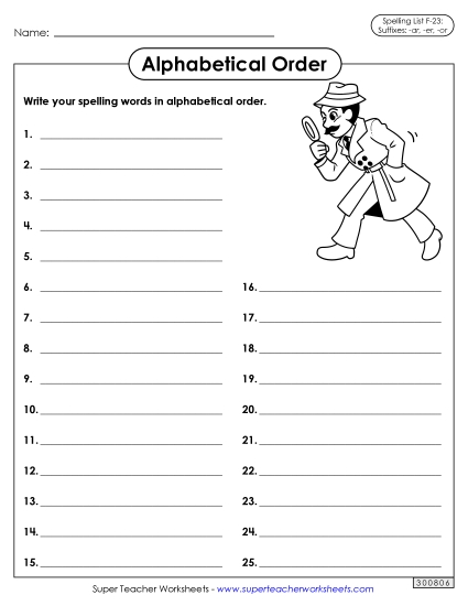 Alphabetical Order - Alphabetical Order: Whole List (F-23)  (Printable PDF Worksheet)